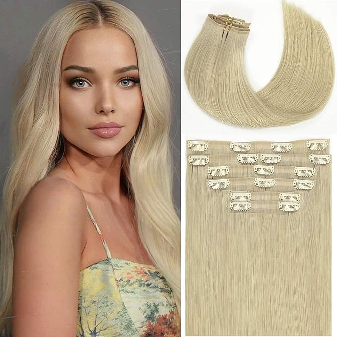 Loxxy Real Hair Extensions - Invisible 16Inch 7Pcs 130G Platinum Blonde Seamless Clip in Hair Extensions Human Hair Silky Straight PU Clip ins For Women