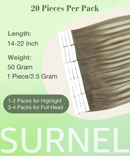 SURNEL Tape in Hair Extensions Human Hair Ombre Color 8 Ash Brown Fading to 60 Platinum Blonde Tape in Hair Extensions 14 inch Silky Remy Tape Hair 20pcs 50g(#8T60-14)