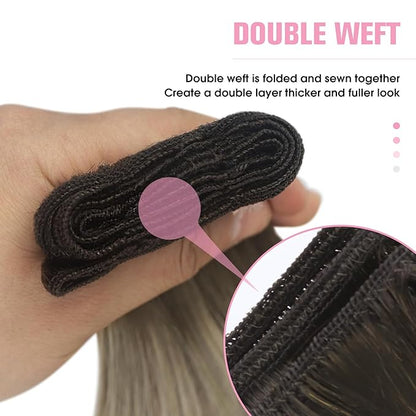 YoungSee Weft Human Hair Extensions Ombre Sew in Extensions Dark Brown Light Brown with Blonde Double Weft Real Hair Extensions 22Inch 100G