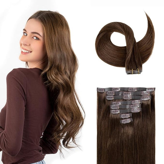 Clip in Hair Extensions Real Human Hair Chocolate Brown Seamless Clip In 100% Straight Remy Hair Extensions PU Skin Weft Add Volume for Women #4A 16Inch 120G 8PCS