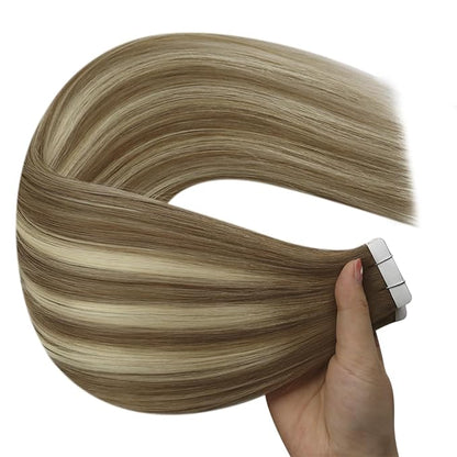 YoungSee Human Hair Tape in Extensions Balayage Tape in Hair Extensions Human Hair Light Brown Ombre Blonde Tape ins Hair Silky Straight 20 Inch Seamless Hair Extension Soft 20pcs 50g