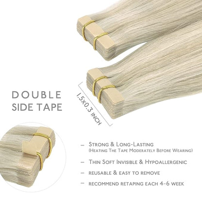 WENNALIFE Tape in Hair Extensions Human Hair, 20pcs 50g 18 inch Ash Blonde Highlighted Platinum Blonde Remy Hair Extensions Straight Human Hair Tape in Extensions Skin Weft Tape Extensions Human Hair