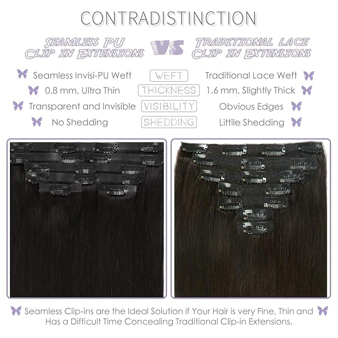 Lacer Hair Ultra Seamless Hair Extensions Clip in Remy Human Hair 16 Inch Double PU Weft Transparent Hair Extensions Tape Clip in Human Hair 7 Pcs 110g #1B Natural Black