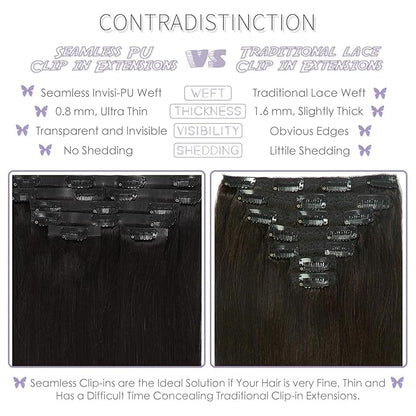 Lacer Hair Ultra Seamless Hair Extensions Clip in Remy Human Hair 16 Inch Double PU Weft Transparent Hair Extensions Tape Clip in Human Hair 7 Pcs 110g #1B Natural Black