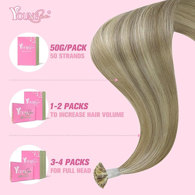 YoungSee K Tip Hair Extensions Human Hair Light Brown Highlight Ktip Human Hair Extensions Light Brown Highlights Blonde Ktip Natural Hair Extensions K Tip Human Hair Extensions for Women 18in 50s/50g