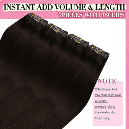 YoungSee Clip in Human Hair Extensions Brown Clip in Extensions Real Human Hair Darkest Brown Human Hair Clip in Extensions Ease to Use 22Inch 7Pcs 120G