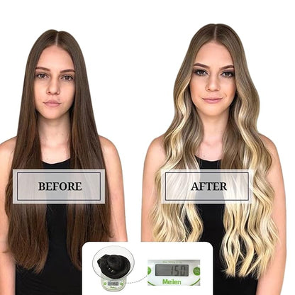 DOORES Clip in Hair Extensions, Real Human Hair, Ash Brown to Platinum Blonde, 150g, 9pcs, 22 Inch, Remy Clip In Hair Extensions, Silky Straight, Thick, Natural