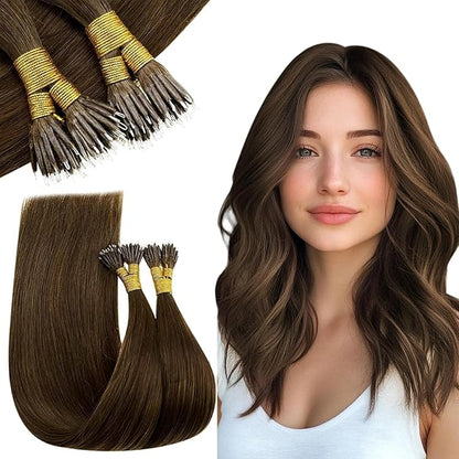 RUNATURE Nano Bead Hair Extensions Real Human Hair Brown Silky Straight 22 Inch 50 Gram 50s,Pre Bonded Nanobead Remy Hair