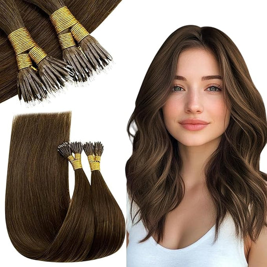RUNATURE Nano Bead Hair Extensions Real Human Hair Brown Silky Straight 22 Inch 50 Gram 50s,Pre Bonded Nanobead Remy Hair