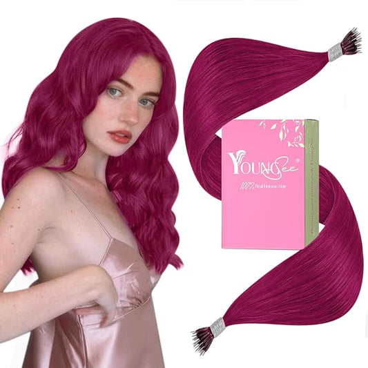 YoungSee Nano Hair Extensions Magenta Nano Beads Hair Extensions 16inch Burgundy Nano Ring Hair Extensions Colored Nano Tip Extensions Silky Straight Nano Loop Hair Extensions Red Cold Fusion 25s 25g