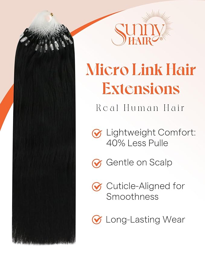 Sunny Hair Micro Ring Hair Extensions Human Hair Black 24inch Micro Beads Hair Extensions Jet Black Soft and Silky Micro Link Hair Extensions Human Hair Black Straight Long Hair Micro Loop 24inch 50g
