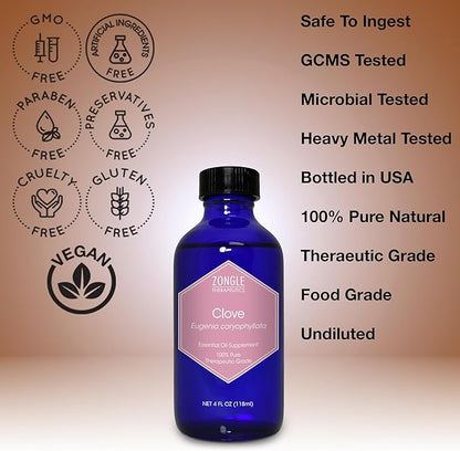 Clove Oil, Food Grade, for Teeth and Gums, Tooth Aches – 100% Pure, Clove, Bud, Essential, Oil, by Zongle Therapeutics, 4 OZ