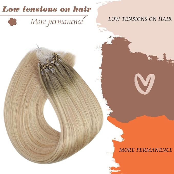 Sunny Hair 22inch Micro Link Hair Extensions Human Hair Soft Micro Bead Hair Extensions Human Hair Sunshine Blonde Micro Ring Ash Blonde Balayage Platinum Blonde with Highlight 50G