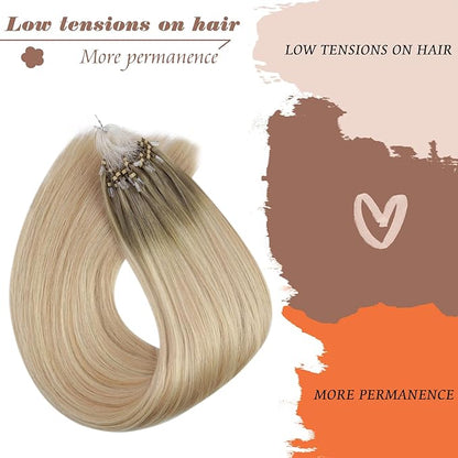 Sunny Hair 22inch Micro Link Hair Extensions Human Hair Soft Micro Bead Hair Extensions Human Hair Sunshine Blonde Micro Ring Ash Blonde Balayage Platinum Blonde with Highlight 50G