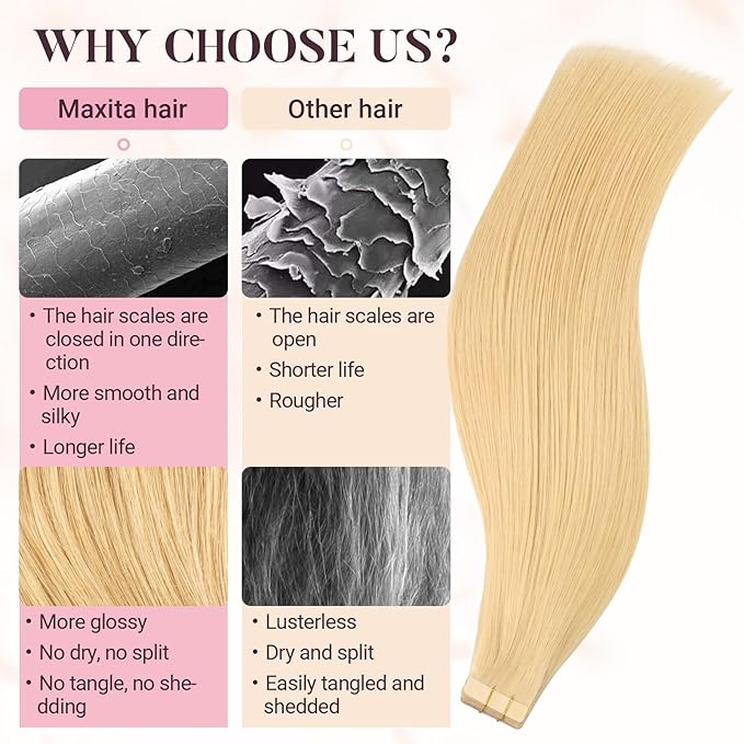 MAXITA Human Hair Tape in Extensions, Tape in Hair Extensions Real Human Hair Light Blonde 16 Inch 20pcs 50g Real Skin Weft Straight Natural Human Hair Extensions