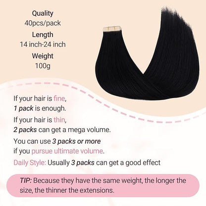 MAXITA Tape in Hair Extensions Jet Black 100% Remy Human Hair 22 Inch 40pcs 100g/pack Straight Seamless Real Hair Extensions Tape in Extensions for Women