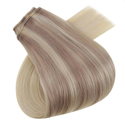 RUNATURE Invisible Wire Hair Extensions, Real Human Hair Extensions Wire, Secret Fish Line Extensions, Natural Remy Hair, Short Straight Hair 12 Inch 70g #18/22/60 Blonde Balayage