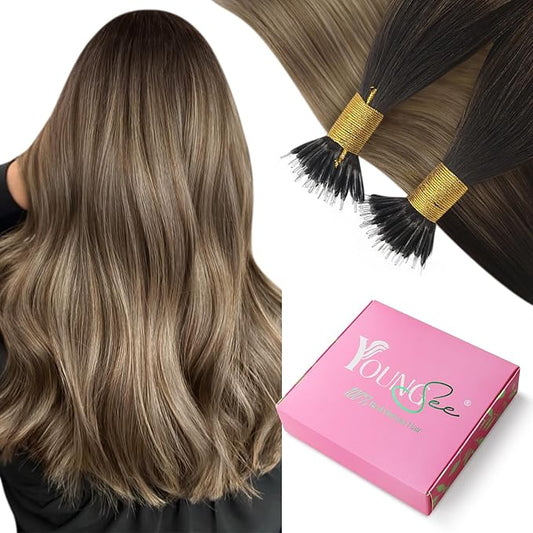 YoungSee Nano Tips Hair Extensions Brown Nano Beads Hair Extensions Real Human Hair Balayage Dark Brown with Blonde Hair Extensions Nano Rings Brown Nano Hair Extension Rings Cold Fusion 50s 50g 20in