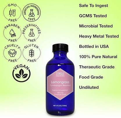 Lemongrass Essential Oil, Food Grade, Edible – 100% Pure, Lemongrass Oil,by Zongle Therapeutics, 4 OZ