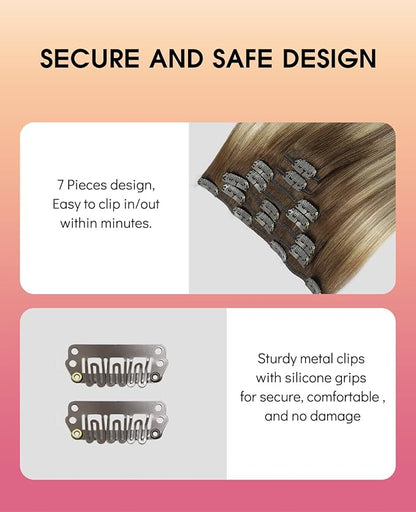 Youngsmile Balayage Clip in Hair Extensions Human Hair, Silky Straight Real Human Hair Clip in Extensions, Balayage Brown to Light Brown Mix Light Blonde, 120 Grams 16 Inch 7Pcs (CLIP#3/8/22-16Inch)