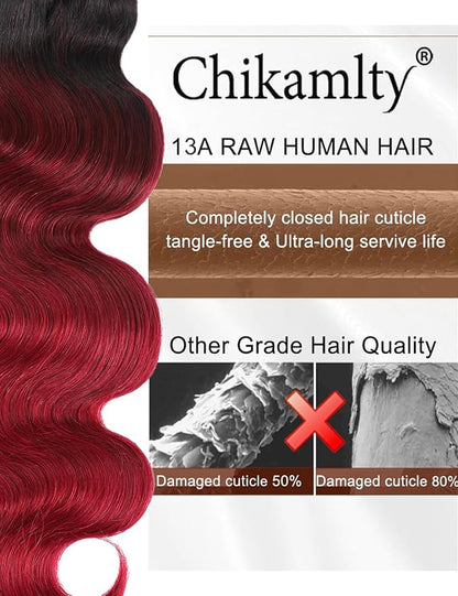 Ombre Bundles Human Hair, 13A Raw Indian Hair Bundles Body Wave, 28 Inch Colored 1B99J Burgundy Red Human Hair Bundles, Triple Service Life Keep Texture Silky Soft Tangle-Free