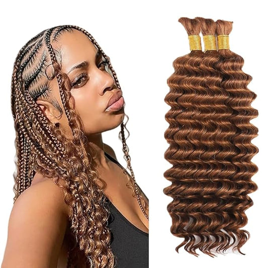 #30 Light Brown Human Braiding Hair Deep Wave Bulk 24 24 24 Inch Human Hair Weave 3 Bundle Unprocessed Brazilian Virgin Hair Brown Deep Curly Braiding Hair Extensions 50 Grams/Bundle