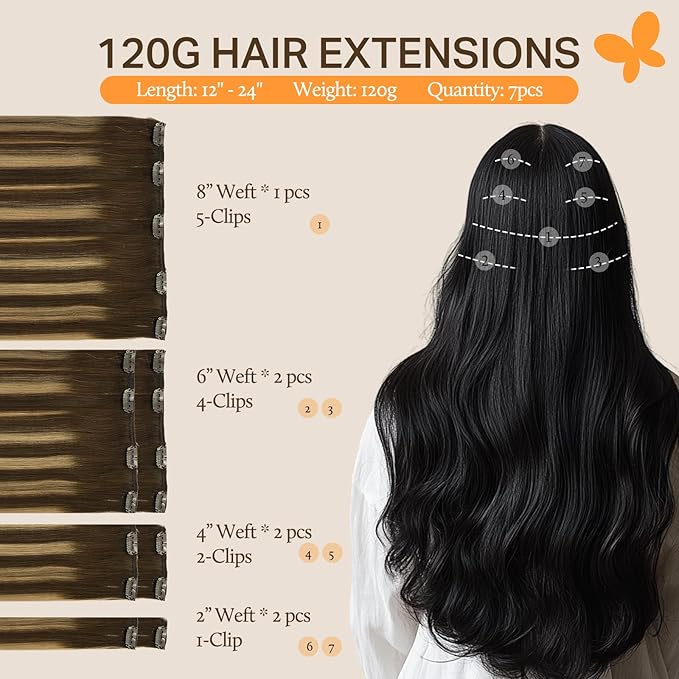 DOORES Clip in Human Hair Extensions, Balayage Chocolate Brown to Caramel Blonde 120g 7pcs 14 Inch, Straight Real Hair Extensions Clip in Remy Natural