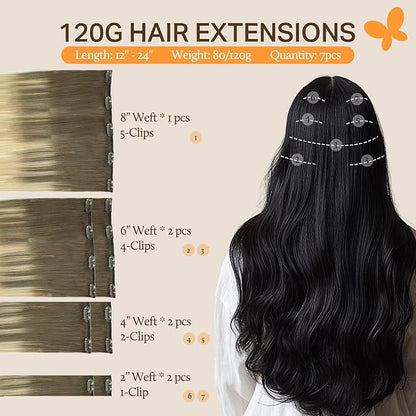 DOORES Hair Extensions Clip in Human Hair, Ash Brown to Platinum Blonde 12 Inch 7pcs 80g, Clip in Hair Extensions Real Human Hair Extensions Human Hair Natural Silky Straight Hair