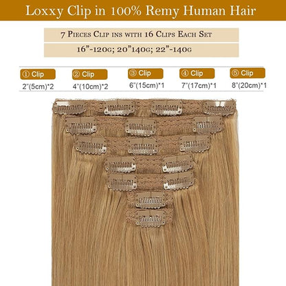 Loxxy 140g 22 Inch Clip in Hair Extensions Human Hair Strawberry Blonde #27 Full Head Seamless Silky Straight Natural Hair Extensions Clip in Double Weft Brazilian Human Hair 7pcs 16 Clips