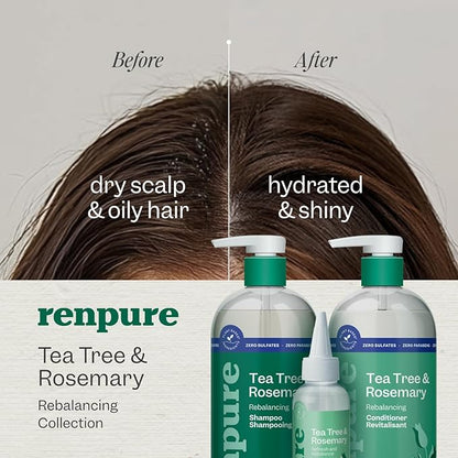 Renpure Tea Tree & Rosemary Shampoo & Conditioner Set, Plant Based - Refreshes & Rebalances Hair and Scalp - For Oily/Normal Hair - Tea Tree Leaf Oil, Rosemary Leaf Extract - 24 Fl Oz each, 2 Pack