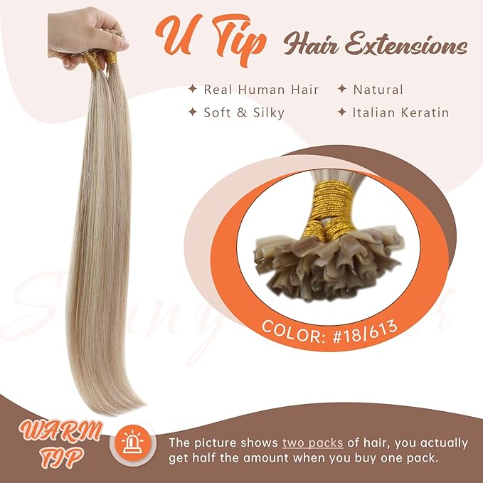 Sunny Hair U Tip Hair Extensions Blonde UTips Hair Extensions Human Hair Ash Blonde Highlight Bleach Blonde K Tip Hair Extensions Real Human Easy to Curl 20inch 50g