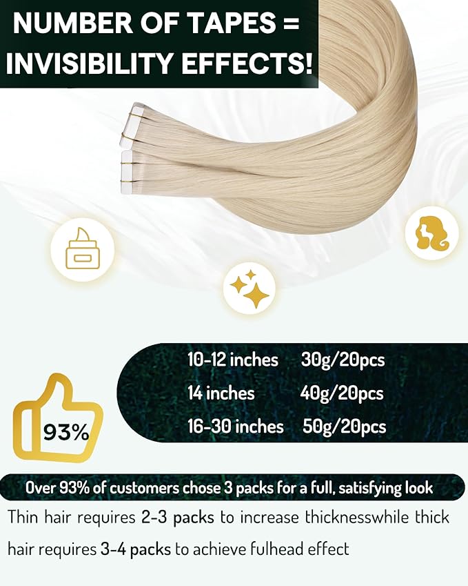 RUNATURE Tape in Hair Extensions Human Hiar Blonde Hair Extensions Tape Ins 28 Inch Long Tape in Extensions Human Hair Silky Remy Hair for Women 50g 20pcs #800 White Blonde