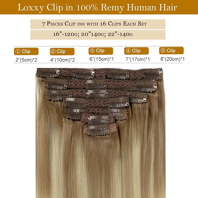 Loxxy Clip in Hair Extensions Remy Human Hair Lace Double Weft Natural Hair Extensions Ombre B#8/60 Light Brown Fading to Platinum Blonde 7pcs with 16 Clips 120g 16 Inch