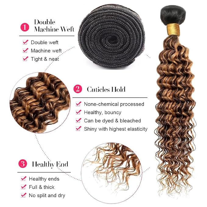 1BP427 Loose Deep Wave Bundles Ombre Brown and Honey Blonde Two Tone Deep Wave Bundles Brazilian Human Hair Extensions Soft and Silky for Black Women 26 28 30 Inch