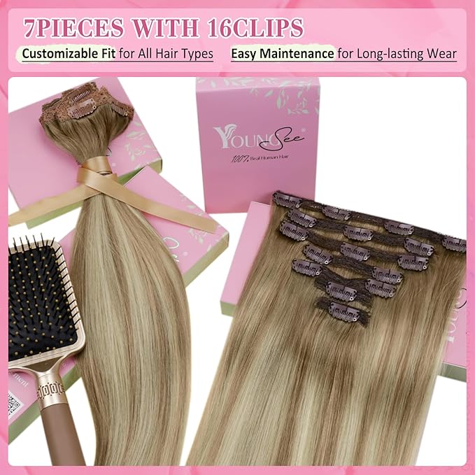 YoungSee 150g 20inch Clip in Hair Extensions Real Human Hair Brown Balayage Clip in Human Hair Extensions Light Brown to Blonde with Brown Balayage Hair Extensions Clip ins Double Weft Lace Thick 7pcs