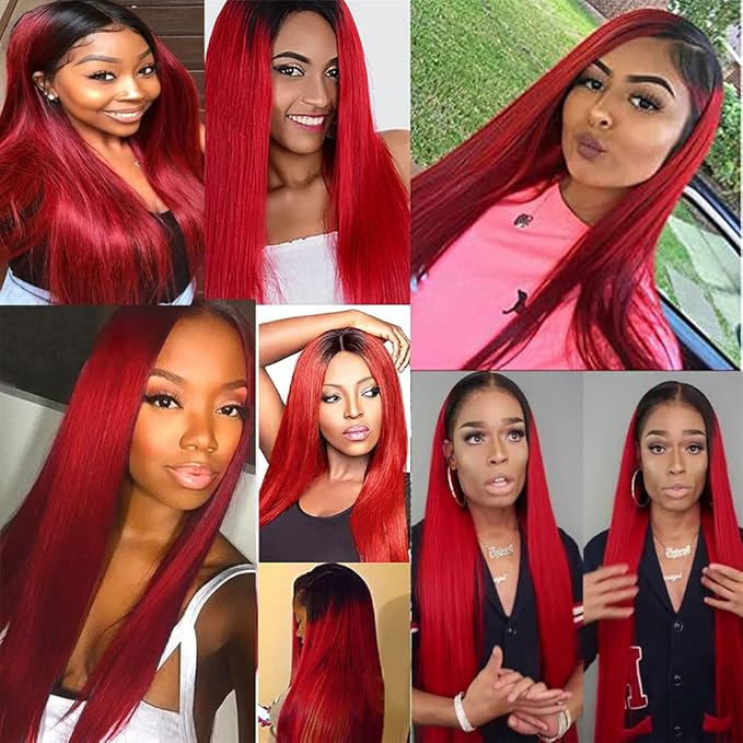 1B/Red Straight Human Hair Bundles 12 14 16 inch Two Tone Brazilian Virgin Remy Hair Extensions Two Tone Black Roots To Red Human Hair Bundles Soft and Silky For Women