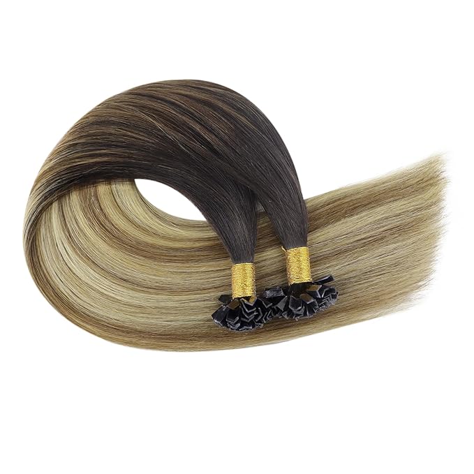 YoungSee K Tip Hair Extensions Real Human Hair Balayage Ktip Extensions Ombre Dark Brown Roots to Blonde K Tips Human Hair Extensions for Long Hair 24Inch 50s/50g Pre Bonded Hair Extensions Add Length