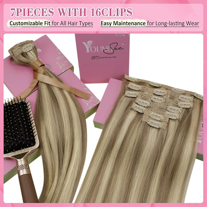 YoungSee Clip in Extensions Highlight Clip on Hair Extensions Human Hair Brown with Blonde Highlights Soft Clip in Hair Extensions Real Human Hair Save Styling Time 16Inch 7Pcs 120G