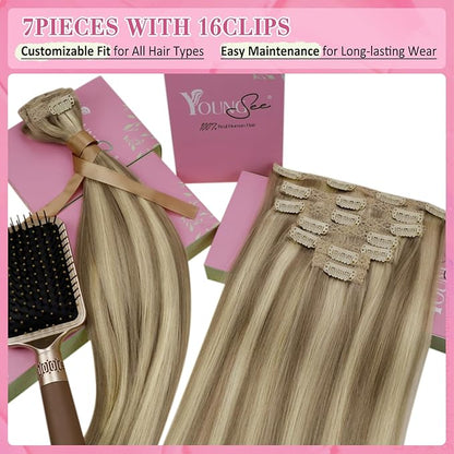 YoungSee Clip in Extensions Highlight Clip on Hair Extensions Human Hair Brown with Blonde Highlights Soft Clip in Hair Extensions Real Human Hair Save Styling Time 16Inch 7Pcs 120G