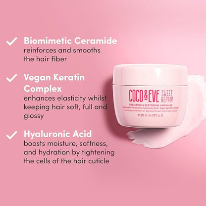 Coco & Eve Sweet Repair Repairing and Restoring Hair Mask. 85% stronger hair, reduce hair damage by 65%. Biomimetic Ceramides, Hyaluronic Acid, Vegan Keratin. Increase Hydration & Shine.