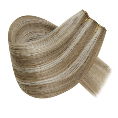 RUNATURE Wire Hair Extensions Human Hair, Invisible Hair Extensions with Transparent Wire, 20 Inch 100g Thick Human Hair Clip in One Piece Extensions, Easy to Apply, Well Blended, #8P24