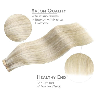 WENNALIFE Tape in Hair Extensions Human Hair, 40pcs 100g 14 inch Ash Blonde Highlighted Platinum Blonde Hair Extensions Real Human Hair Straight Tape in Extensions Invisible Human Hair Extensions