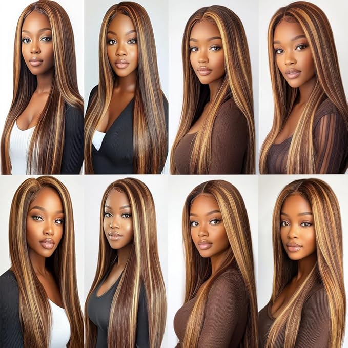 P427 Straight Bundles Highlight Ombre Dark Brown and Honey Blonde Bundles Two Tone Brazilian Human Hair Extensions Soft and Silky for Black Women 8 10 12 Inch