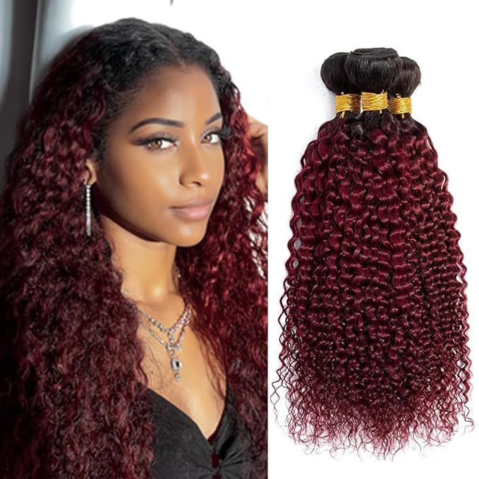 1B99J Curly Bundles Black Mixed With Burgundy Curly Bundles two tone Brazilian Hair Extensions Soft and Silky for Women 24 26 30 Inch