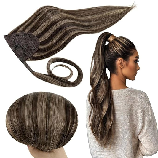 RUNATURE Human Hair Ponytail Wrap Around Ponytail Extension Human Hair with Magic Paste Long Real Ponytail Hair Extensions 20 Inch 80g #2P8A Dark Brown Highlight Light Brown