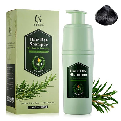 Black Hair Dye Shampoo 3 in 1, Hair Color Shampoo for Gray Hair, Tea Tree Black Hair Shampoo, Champu Para Canas, Gentle and Effective, Colors in Minutes, 16.90 Fl Oz