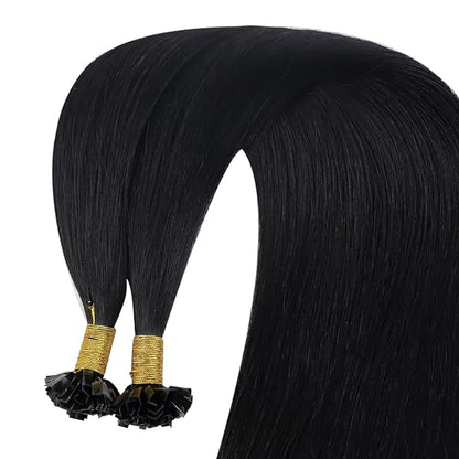 YoungSee Ktip Human Hair Extensions Jet Black 24inch Remy Hair Extensions K Tip Jet Black Keratin Human Hair Extensions Black Soft and Silky K Tip Extensions Long Straight Hair 50s/50g