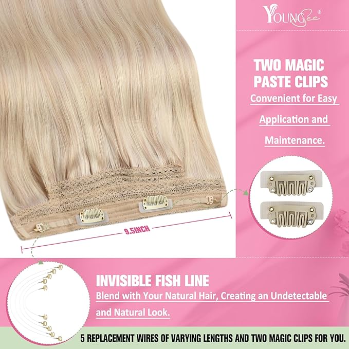 YoungSee Wire Hair Extensions Highlight Blonde Invisible Wire Real Human Hair Extensions Highlights Dark Ash Blonde to Blonde Fish Line Hair Extensions for Women 120G 18Inch