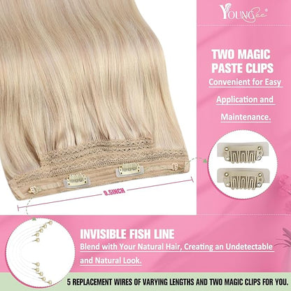 YoungSee Wire Hair Extensions for Women Blonde Highlight Wire Extensions Human Hair Dark Ash Blonde Highlight Bleach Blonde Hidden Wire Hair Extensions 130G 20Inch