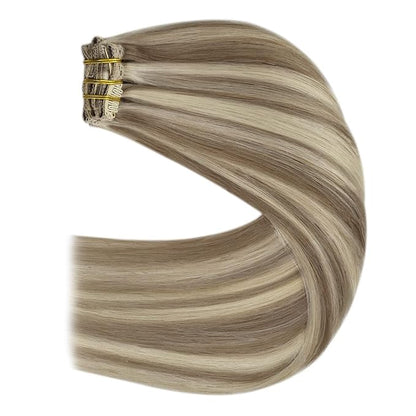 YoungSee Clip in Extensions Highlight Clip on Hair Extensions Human Hair Brown with Blonde Highlights Soft Clip in Hair Extensions Real Human Hair Save Styling Time 16Inch 7Pcs 120G